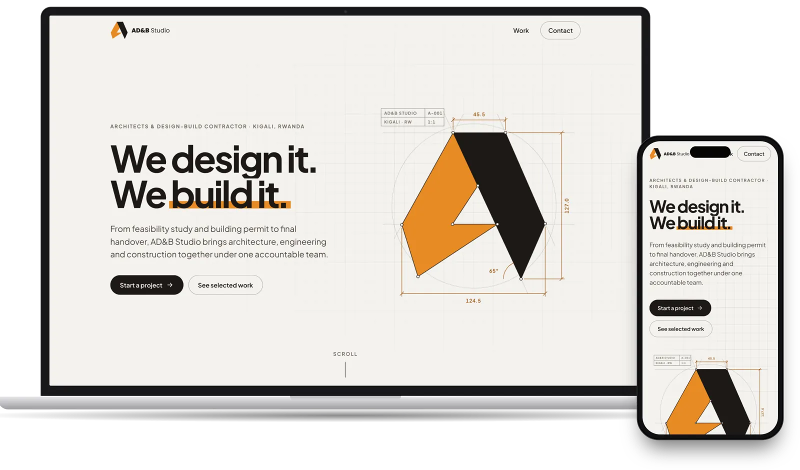 AD&B Studio website on a laptop and a phone, with the logo drawn as an architectural plan.