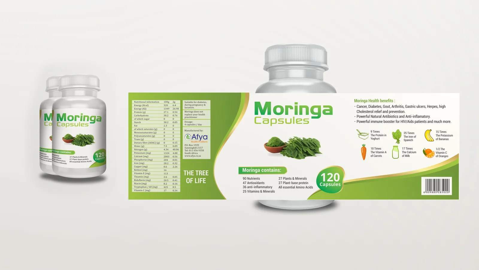 Moringa Capsules bottles beside the flat label: nutrition table and dosage on the left, the product name in the centre, comparison icons on the right.