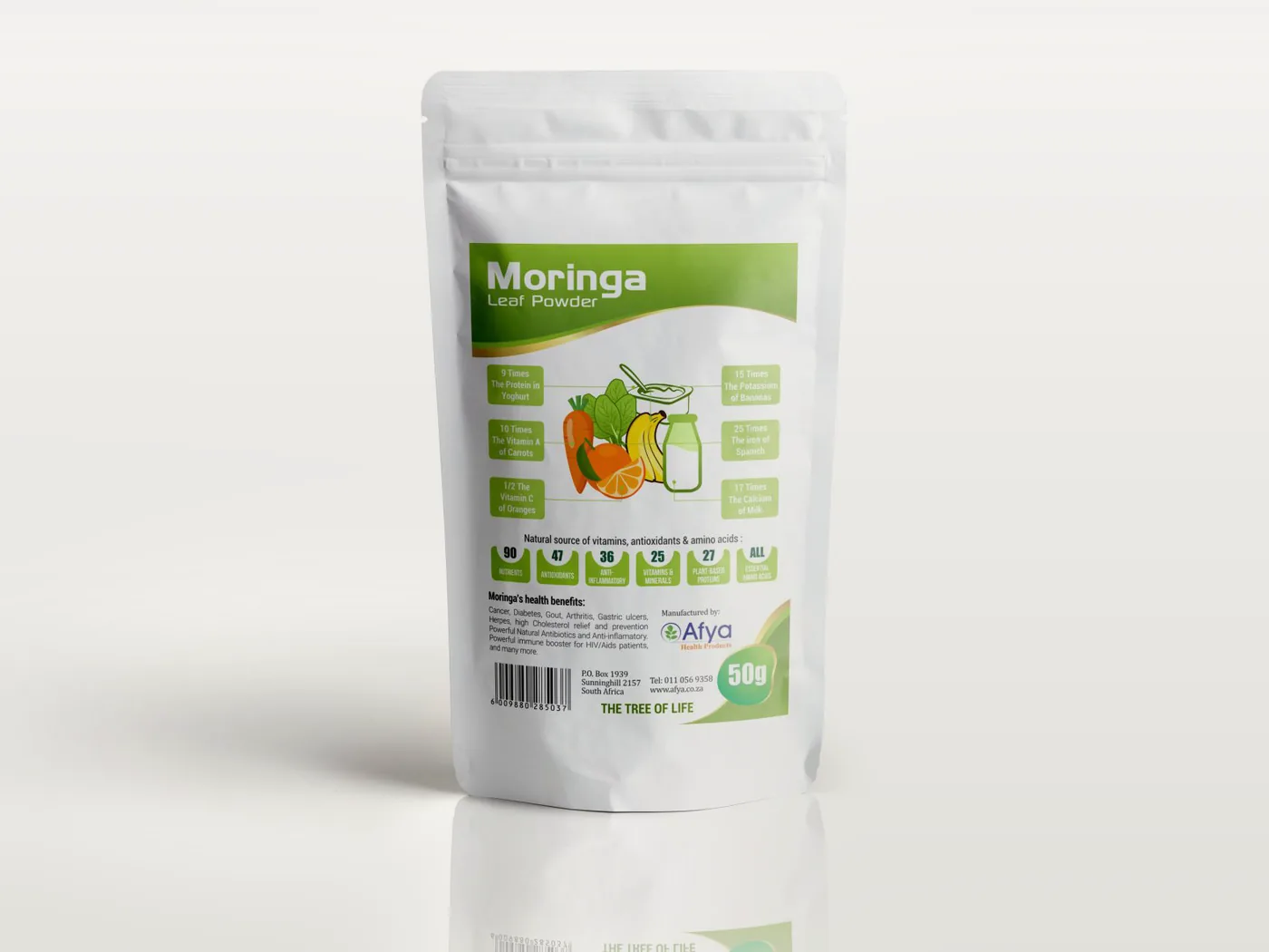 Stand-up pouch of Moringa Leaf Powder, 50 g, with the green header, the comparison graphic and the nutrient badges.