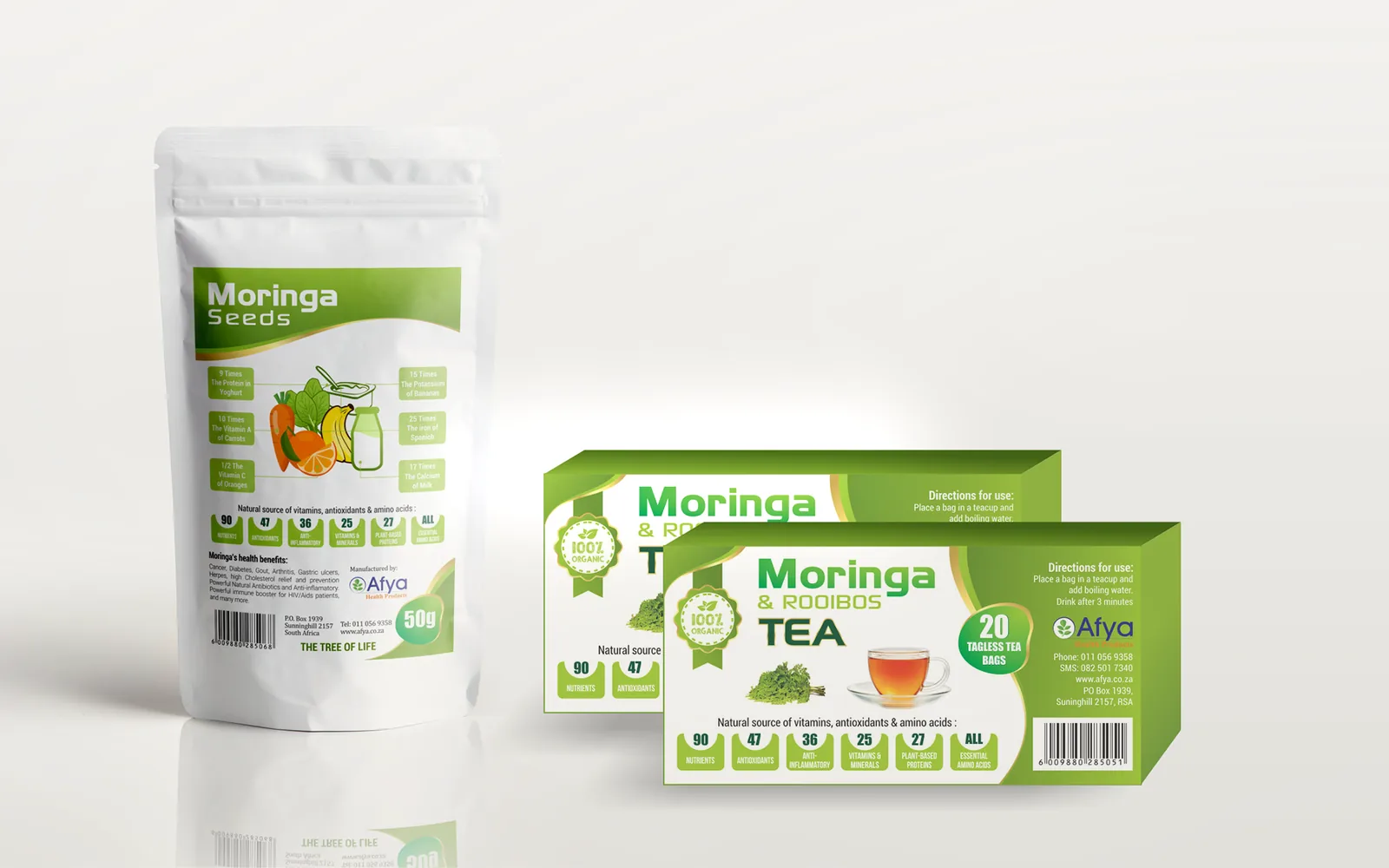 A Moringa Seeds pouch beside two boxes of Moringa & Rooibos Tea, all in the same green and white Afya packaging.