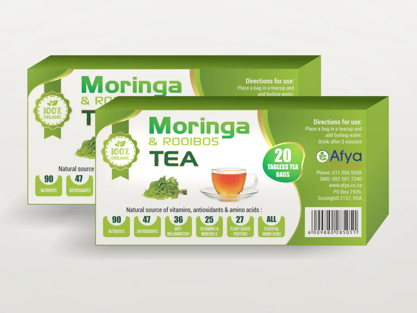 Two boxes of Moringa & Rooibos Tea, 20 tagless tea bags, with a 100% organic seal and the row of nutrient badges.