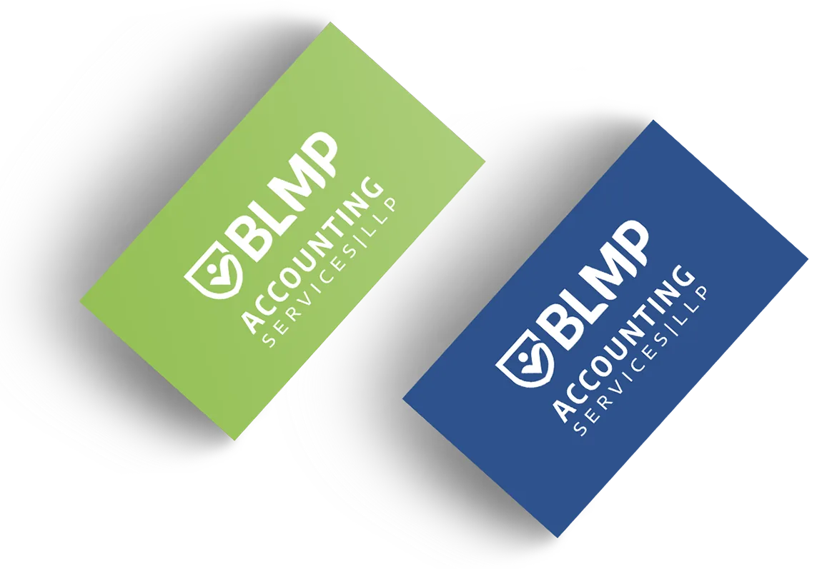 Green and navy business cards with the white BLMP logo.