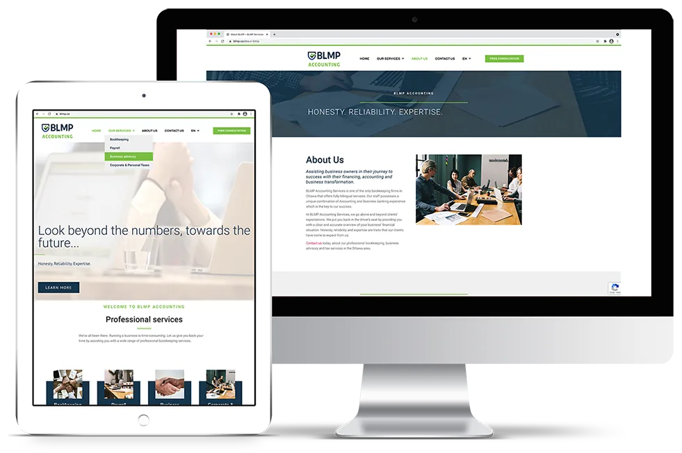 BLMP Accounting website on a desktop monitor and a tablet.