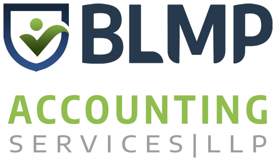 BLMP Accounting Services LLP logo: a navy shield with a green check-mark figure.