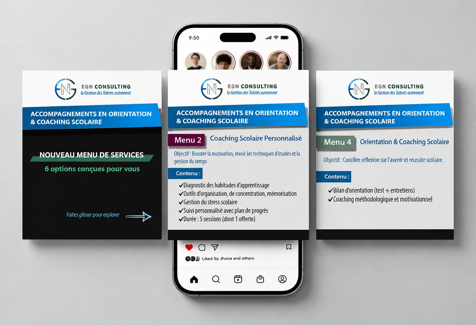 Carrousel Instagram autour d’un téléphone : une diapositive de couverture foncée qui annonce un nouveau menu de services, puis une diapositive par menu.