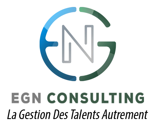 Logo d’EGN Consulting : un anneau partagé entre un E bleu et un G vert autour d’un N argenté, au-dessus des mots EGN Consulting et La Gestion Des Talents Autrement.