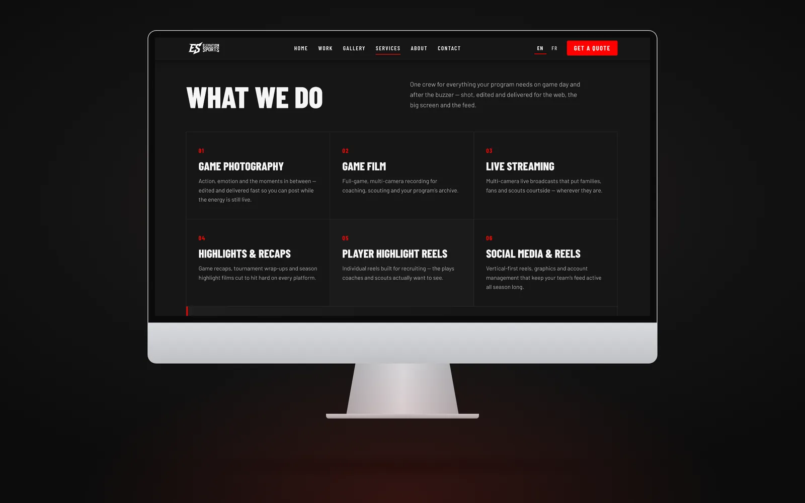 iMac showing the What We Do page with numbered services.
