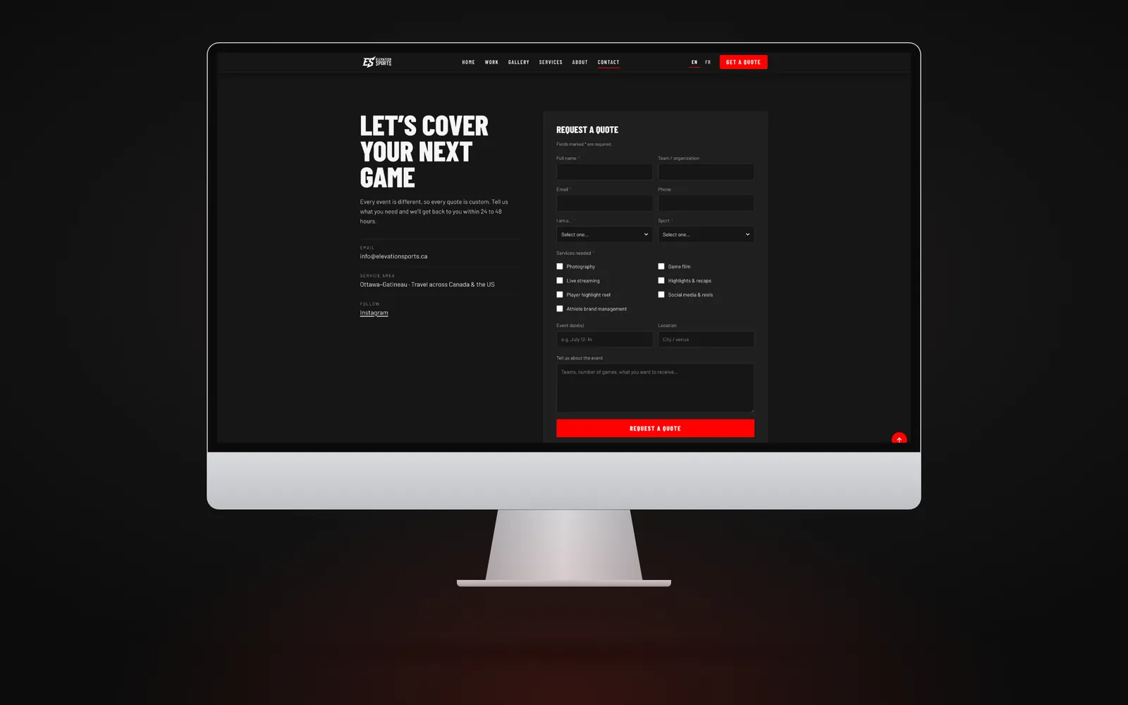 iMac showing the Let’s Cover Your Next Game quote request form.
