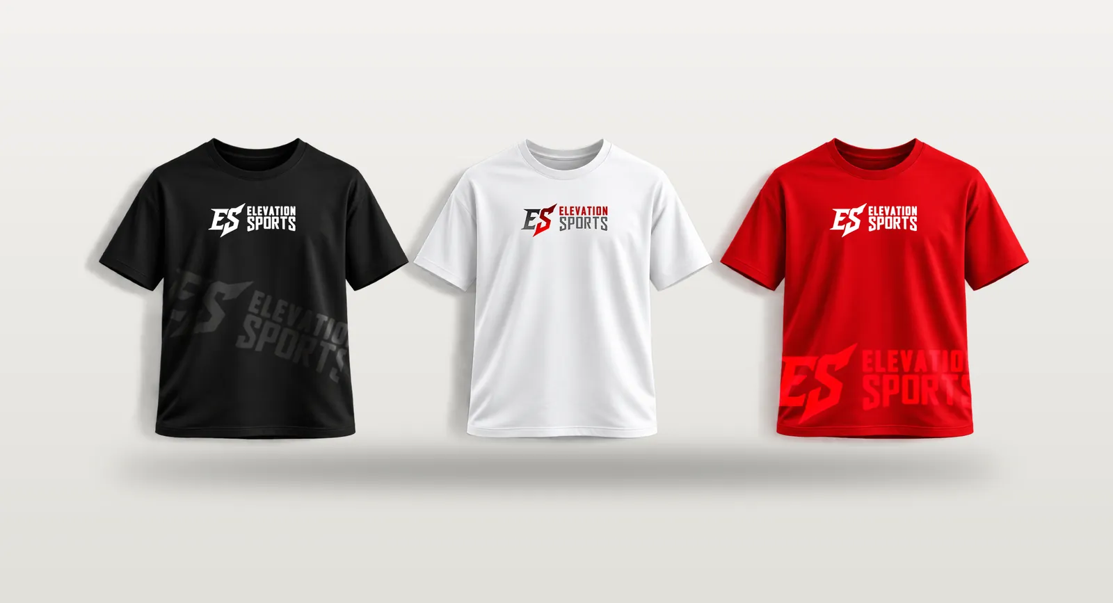 Black, white and red Elevation Sports T-shirts with the ES logo on the chest and a large angled logo across the body.