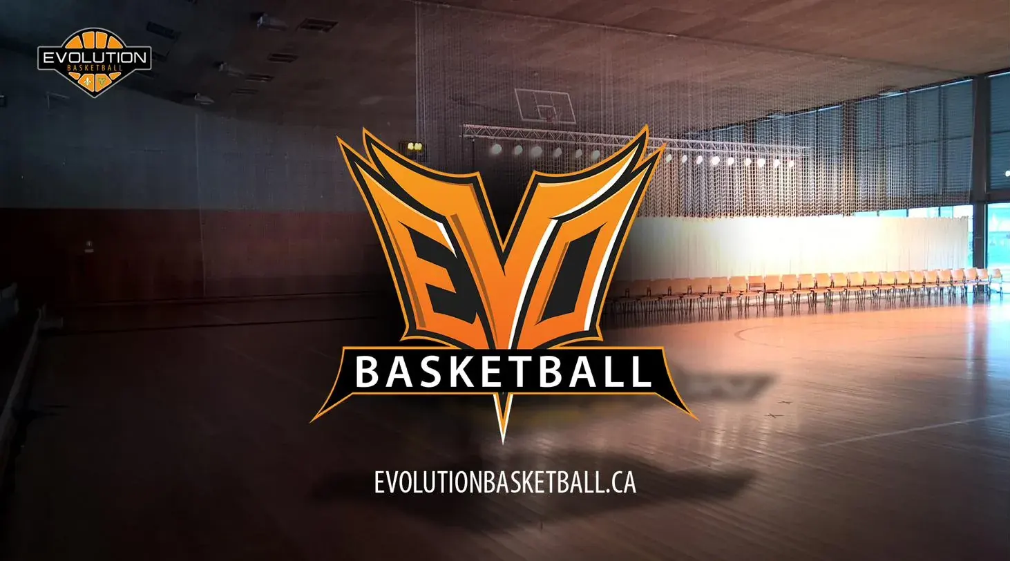 The orange and black EVO Basketball crest over an empty gym, with evolutionbasketball.ca underneath.