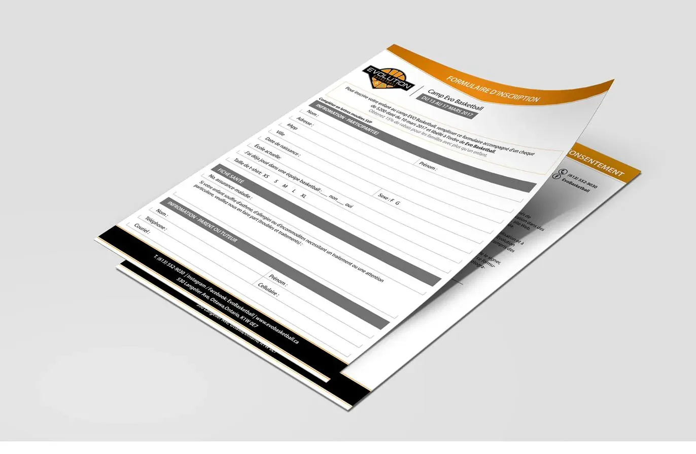 Printed camp registration form with an orange header.