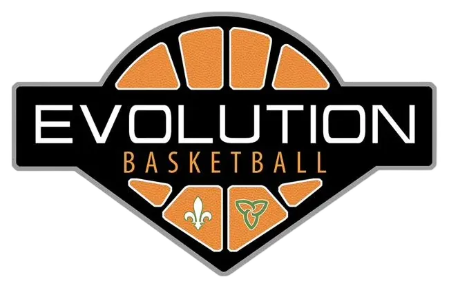 Evolution Basketball crest: a black shield with orange basketball panels, a fleur-de-lis and a trillium.