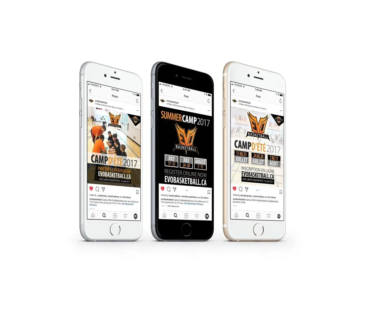 Three phones showing Instagram posts for the 2017 summer camp in French and English.