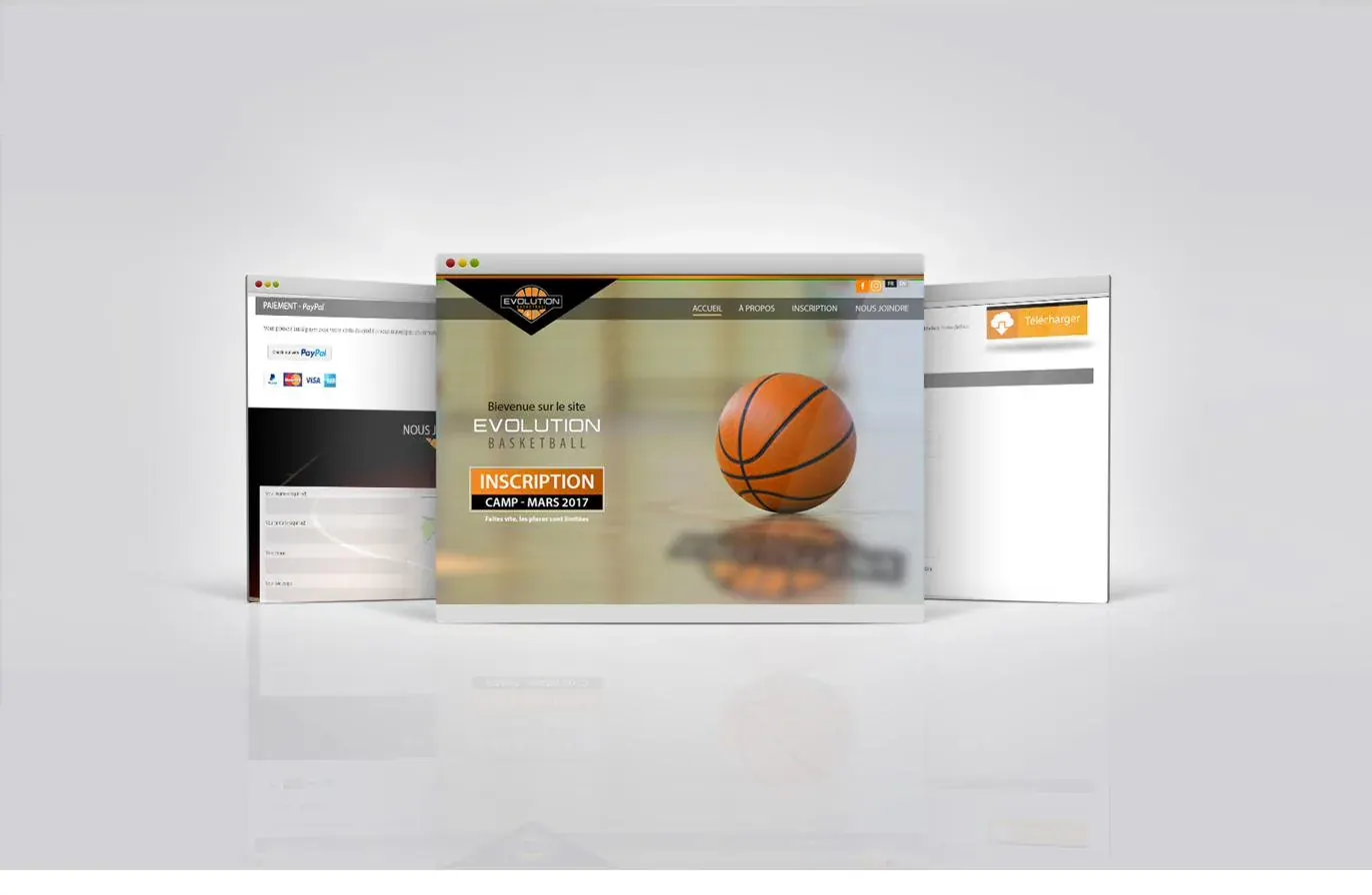 Bilingual website home page with a basketball and a camp registration button, flanked by payment and download pages.