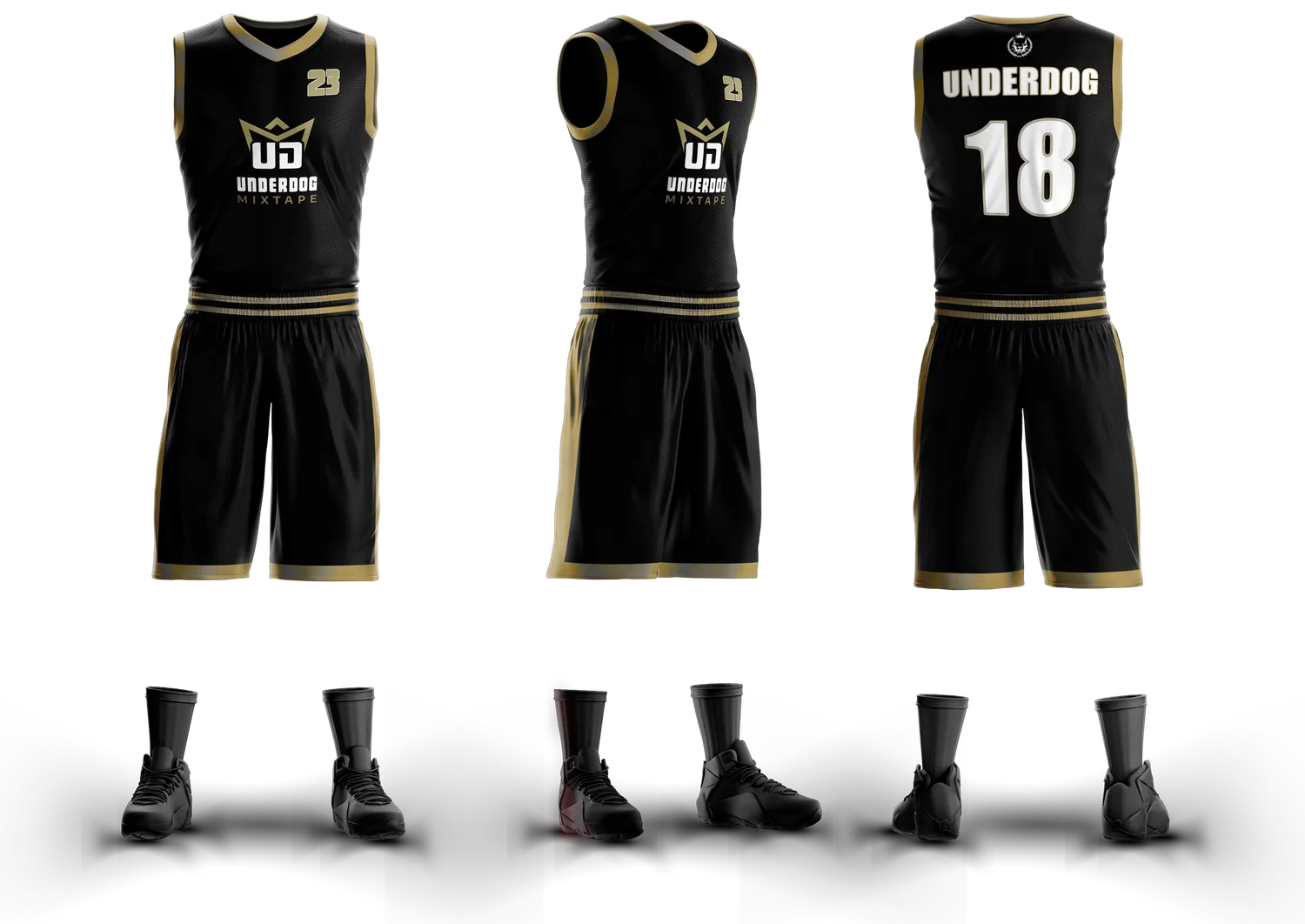 Black and gold Underdog basketball uniform shown front, side and back, with the crowned UD crest and number 18.