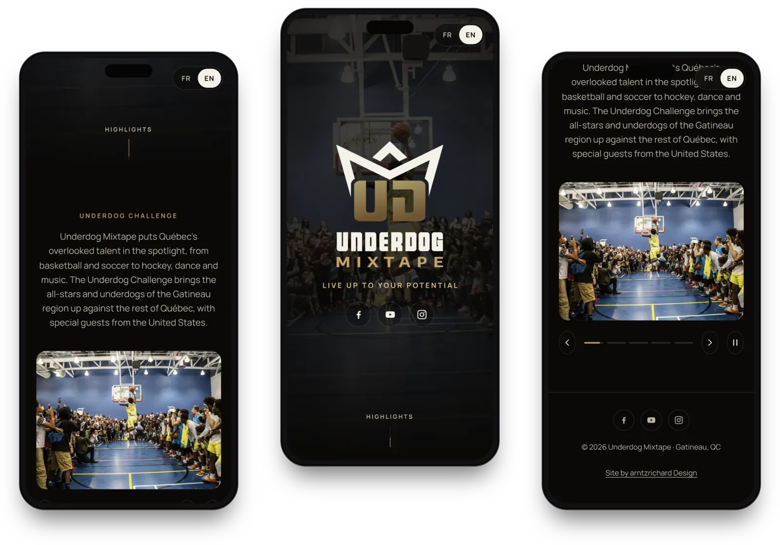 Three phones showing the slideshow, the animated logo and the introduction.